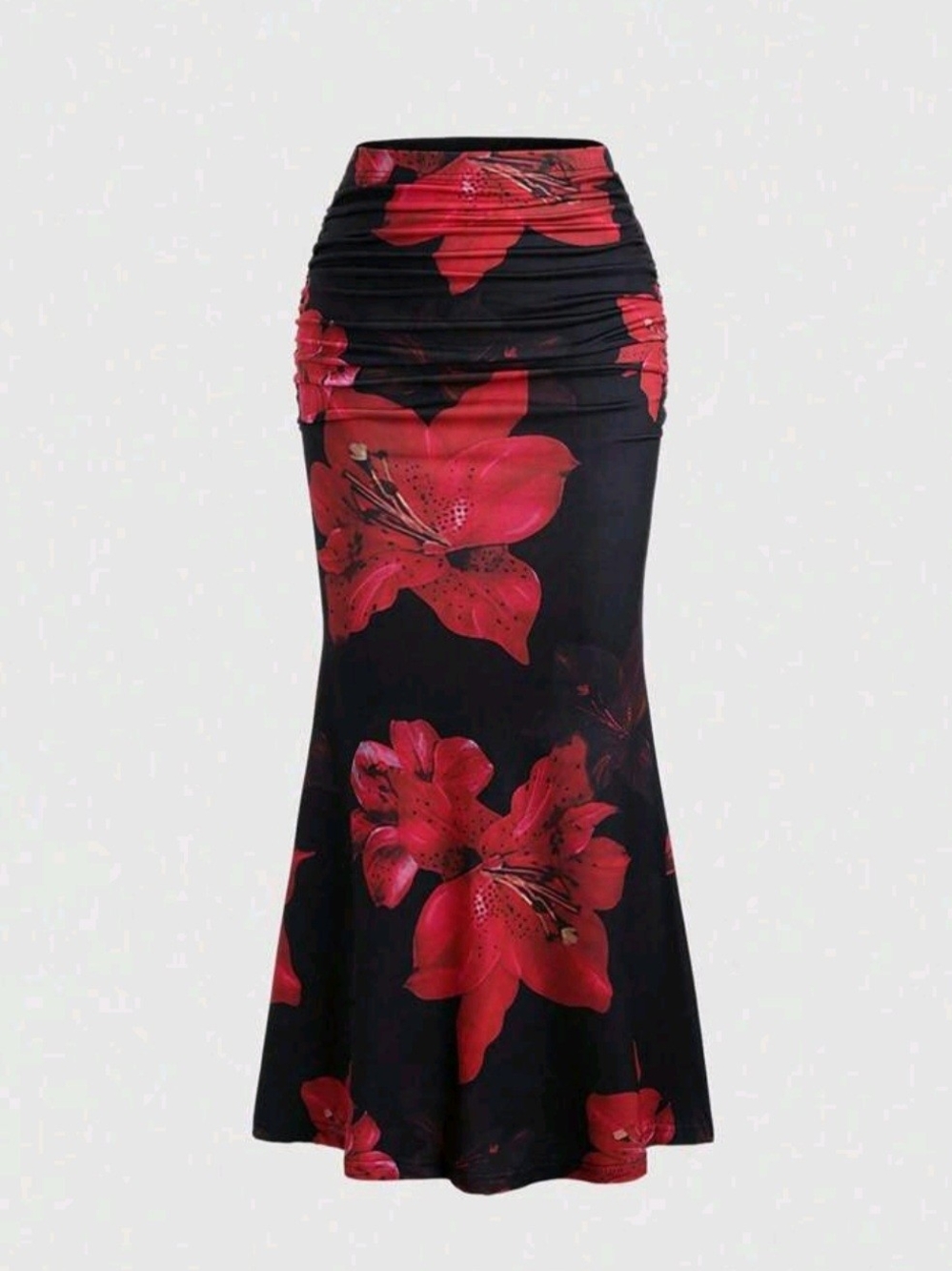 SHEIN Black Maxi Skirt with Red Floral Print